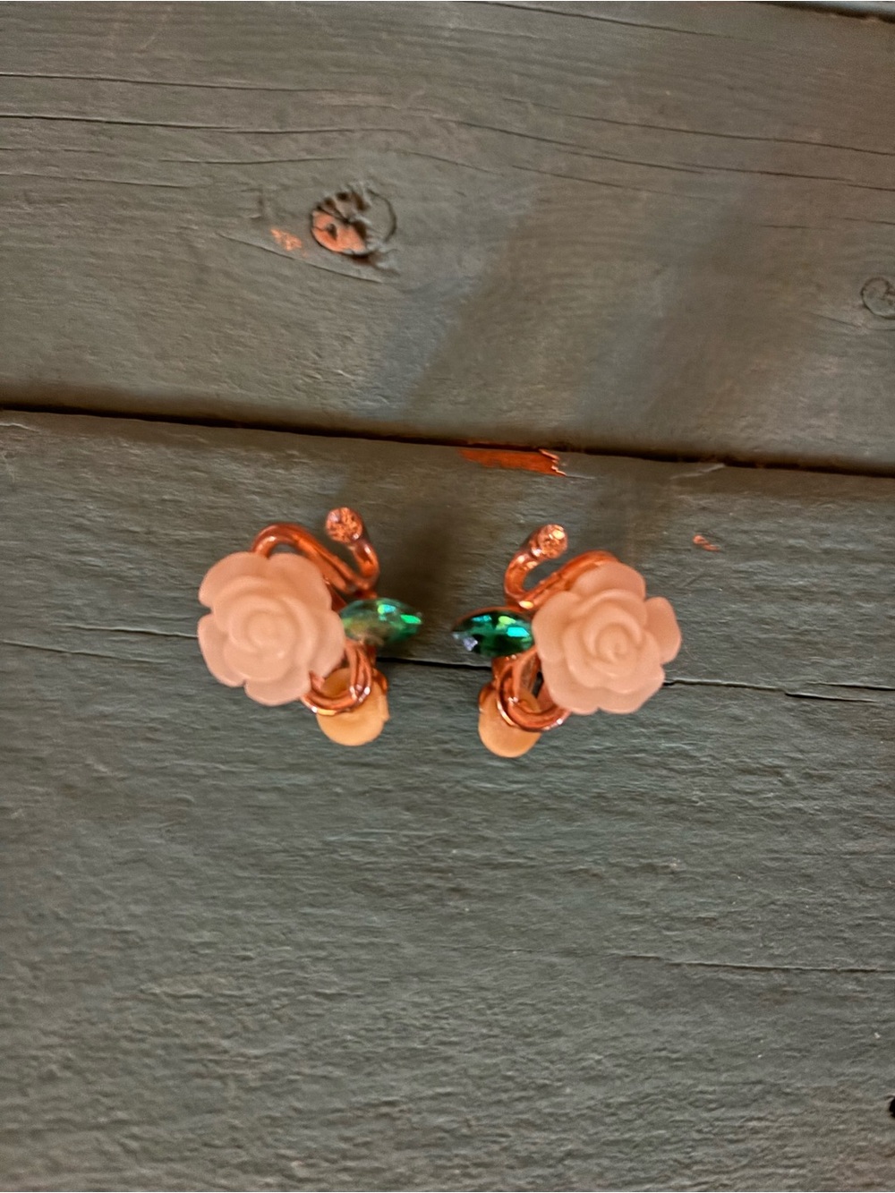 Delicate Pink Rose Clip-On Earrings with Green Accent